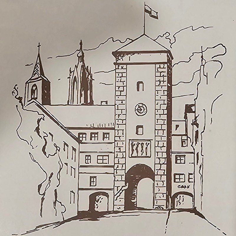 The pen drawing on the booklet's cover: the Riettor gate at Villingen, with the Muenster behind it